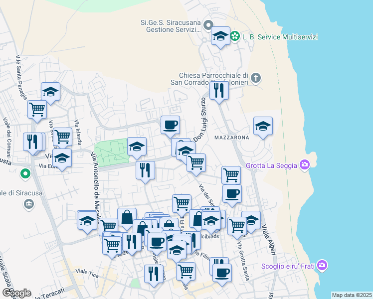 map of restaurants, bars, coffee shops, grocery stores, and more near 4 Via Don Luigi Sturzo in Siracusa