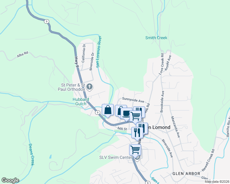 map of restaurants, bars, coffee shops, grocery stores, and more near 400 North Street in Ben Lomond