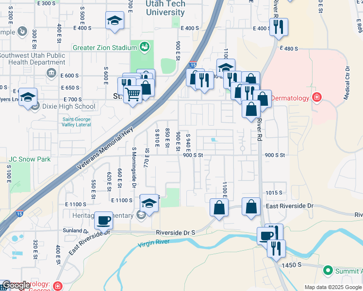 map of restaurants, bars, coffee shops, grocery stores, and more near 861 South 900 East in St. George