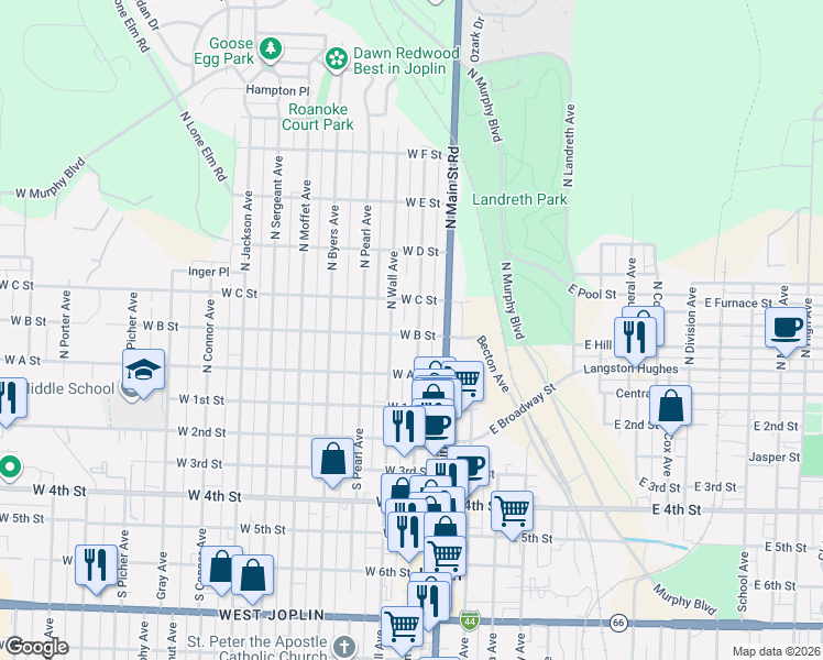 map of restaurants, bars, coffee shops, grocery stores, and more near 315 North Wall Avenue in Joplin