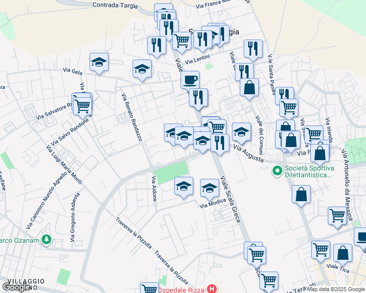 map of restaurants, bars, coffee shops, grocery stores, and more near Via Monsignor Salvatore Gozzo in Syracuse