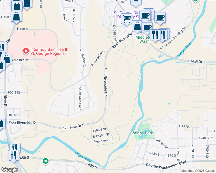 map of restaurants, bars, coffee shops, grocery stores, and more near 2012 East Riverside Drive in St. George