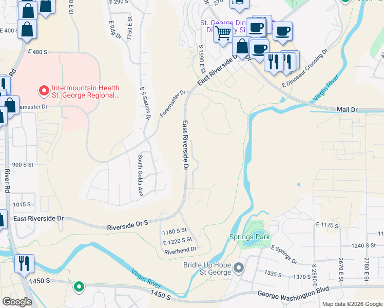 map of restaurants, bars, coffee shops, grocery stores, and more near 2012 E Riverside Dr in St George