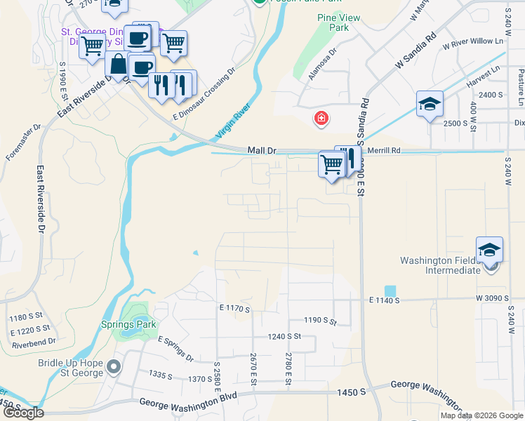 map of restaurants, bars, coffee shops, grocery stores, and more near South Mall Drive in St. George