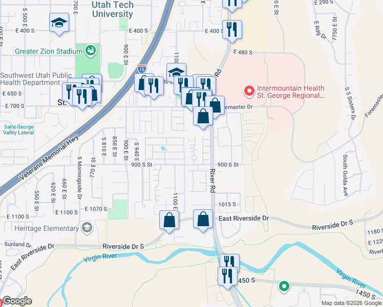 map of restaurants, bars, coffee shops, grocery stores, and more near 8 1055 East in St. George
