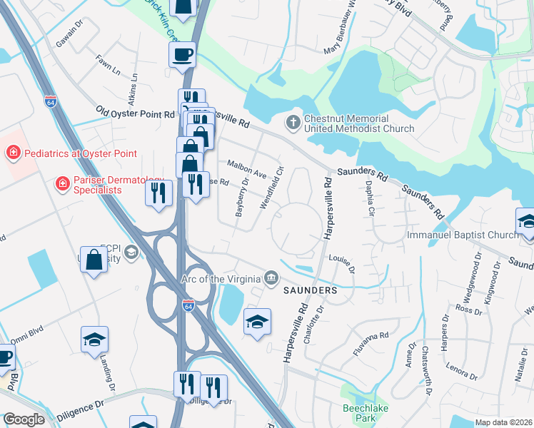 map of restaurants, bars, coffee shops, grocery stores, and more near 49 Wendfield Circle in Newport News