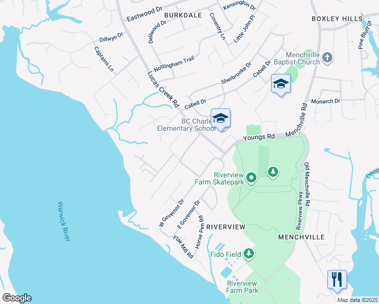 map of restaurants, bars, coffee shops, grocery stores, and more near 36 Island View Drive in Newport News