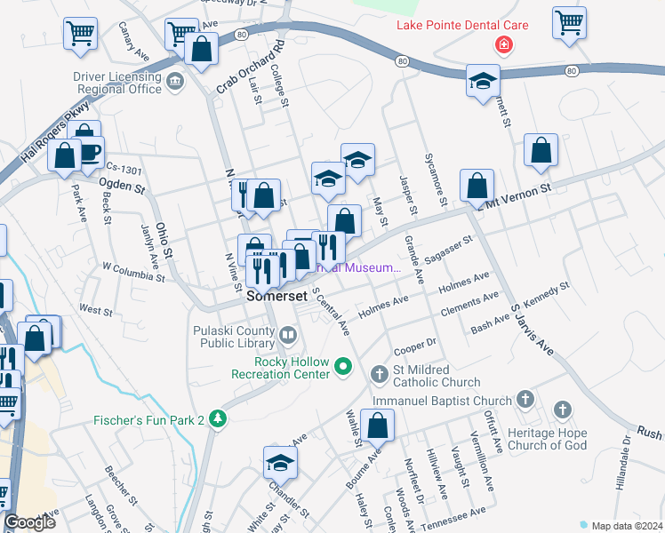 map of restaurants, bars, coffee shops, grocery stores, and more near State Highway 2296 in Somerset