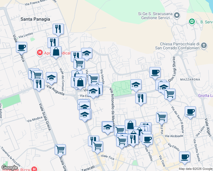 map of restaurants, bars, coffee shops, grocery stores, and more near 5 Via Irlanda in Syracuse