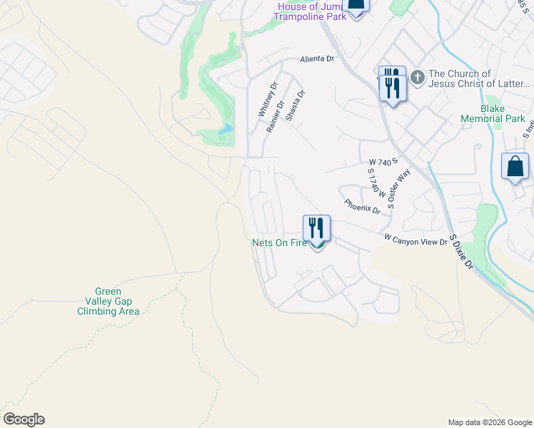 map of restaurants, bars, coffee shops, grocery stores, and more near 2050 West Canyon View Drive in St. George