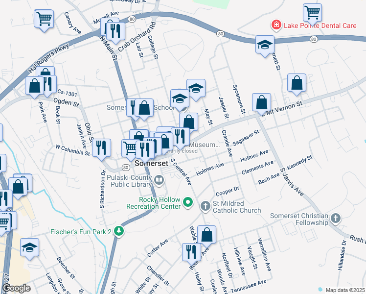 map of restaurants, bars, coffee shops, grocery stores, and more near 400 East Mount Vernon Street in Somerset
