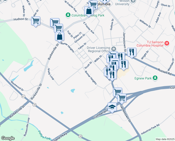 map of restaurants, bars, coffee shops, grocery stores, and more near 503 Bomar Heights in Columbia