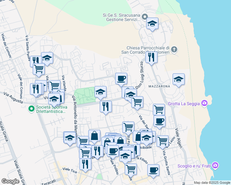 map of restaurants, bars, coffee shops, grocery stores, and more near 13 Via Michele Bonanno in Siracusa