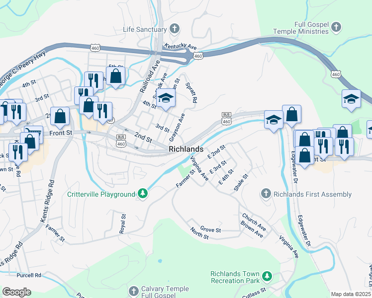 map of restaurants, bars, coffee shops, grocery stores, and more near in Richlands