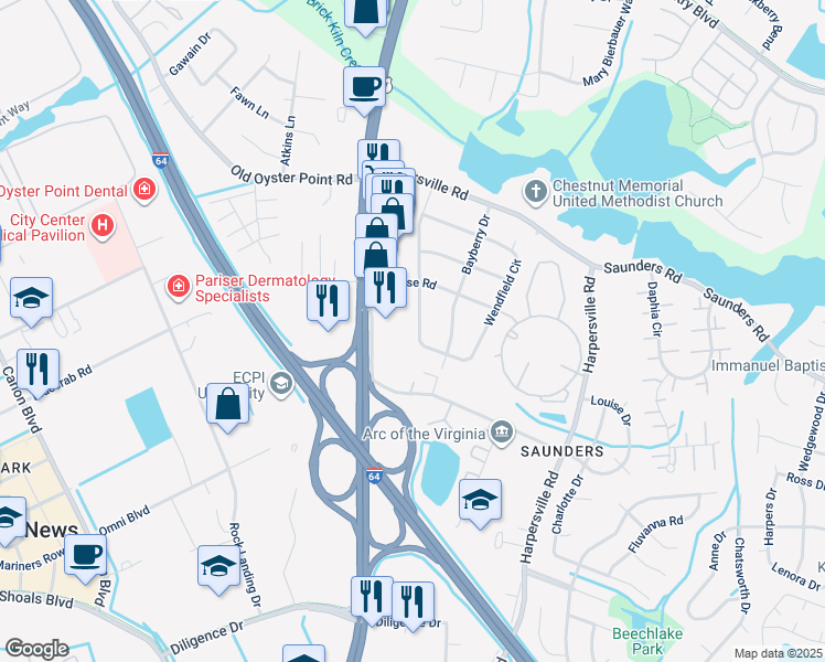 map of restaurants, bars, coffee shops, grocery stores, and more near 95 Wendfield Circle in Newport News