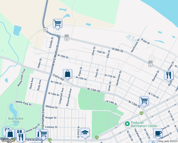 map of restaurants, bars, coffee shops, grocery stores, and more near 1698 N 11th St in Paducah