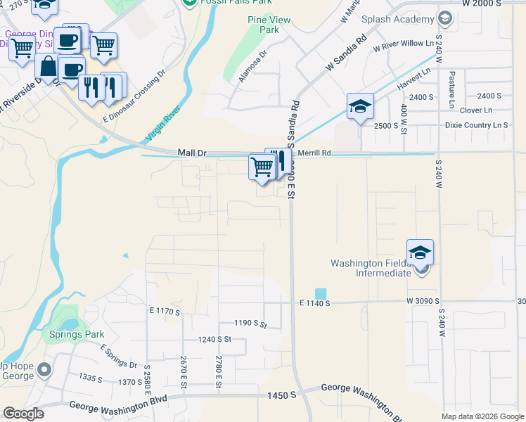 map of restaurants, bars, coffee shops, grocery stores, and more near 628 South 3000 East in St. George