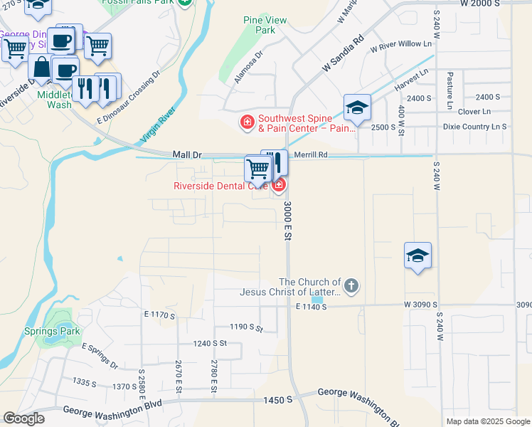 map of restaurants, bars, coffee shops, grocery stores, and more near 628 South 3000 East in St. George