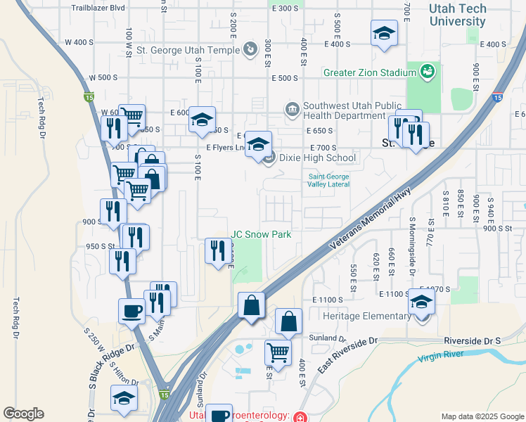 map of restaurants, bars, coffee shops, grocery stores, and more near 840 South 400 East in St. George