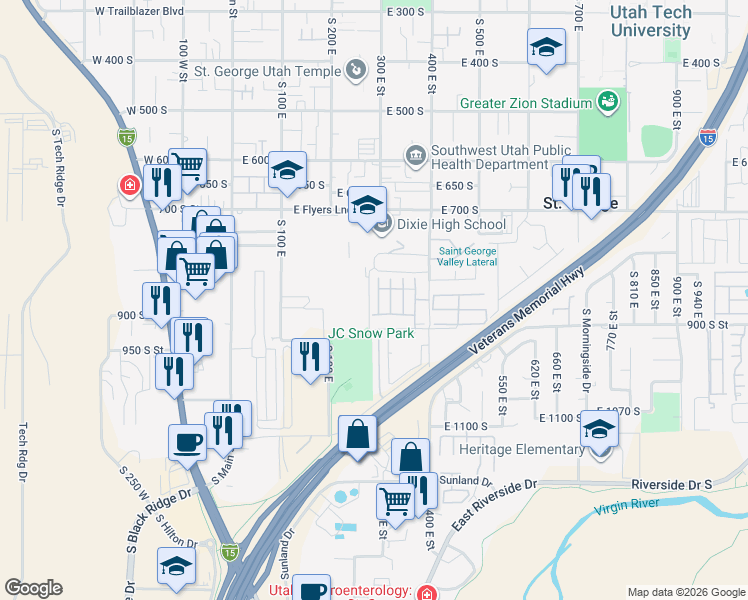 map of restaurants, bars, coffee shops, grocery stores, and more near 840 South 400 East in St. George