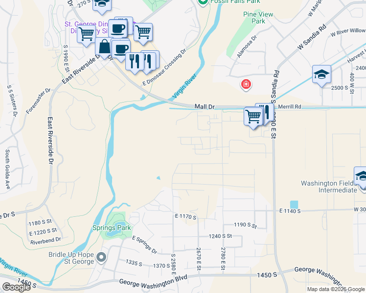 map of restaurants, bars, coffee shops, grocery stores, and more near 2632 E Wake Forest Ln in St. George