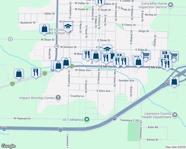 map of restaurants, bars, coffee shops, grocery stores, and more near 1210 South Market Street in Mount Vernon