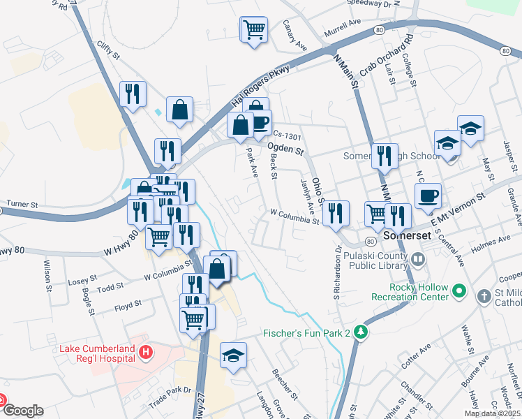 map of restaurants, bars, coffee shops, grocery stores, and more near 110-124 Park Ave in Somerset