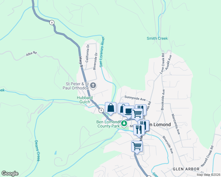 map of restaurants, bars, coffee shops, grocery stores, and more near 400 North Street in Ben Lomond