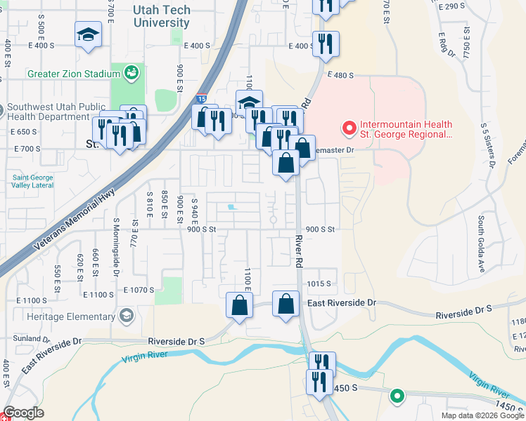 map of restaurants, bars, coffee shops, grocery stores, and more near 1055 East 900 South in St. George