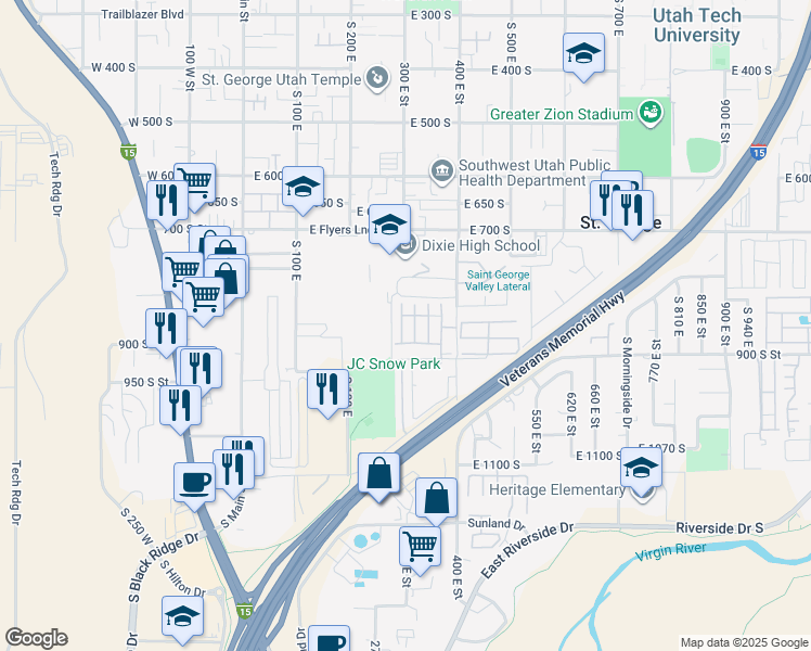 map of restaurants, bars, coffee shops, grocery stores, and more near 840 South 400 East in St. George