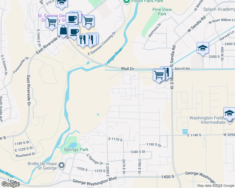 map of restaurants, bars, coffee shops, grocery stores, and more near 1201 S 2580 E in St George