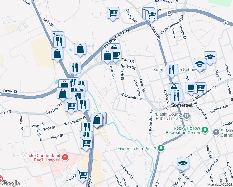 map of restaurants, bars, coffee shops, grocery stores, and more near 110-124 Park Ave in Somerset
