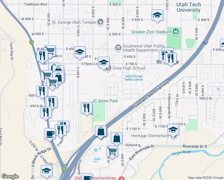 map of restaurants, bars, coffee shops, grocery stores, and more near 840 South 400 East in St. George