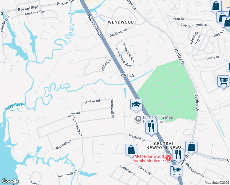 map of restaurants, bars, coffee shops, grocery stores, and more near 122 Stonewall Place in Newport News
