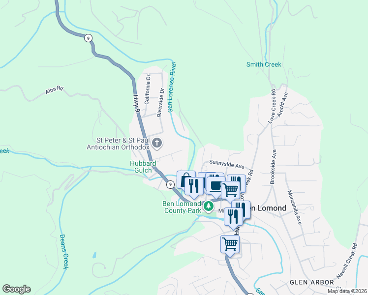 map of restaurants, bars, coffee shops, grocery stores, and more near 270 Brown Gables Road in Ben Lomond