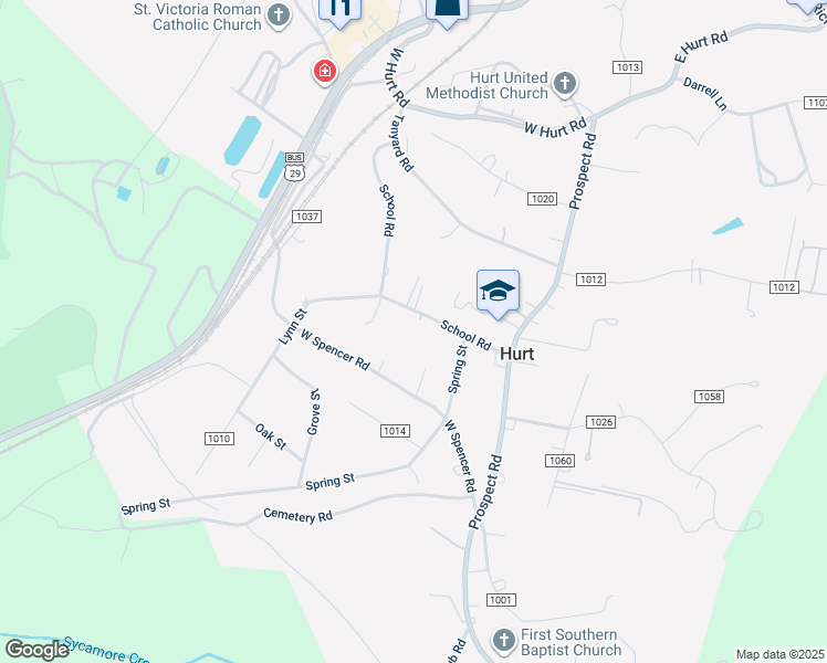 map of restaurants, bars, coffee shops, grocery stores, and more near 211 School Road in Hurt