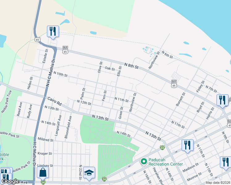 map of restaurants, bars, coffee shops, grocery stores, and more near 1453 Saint Louis Avenue in Paducah