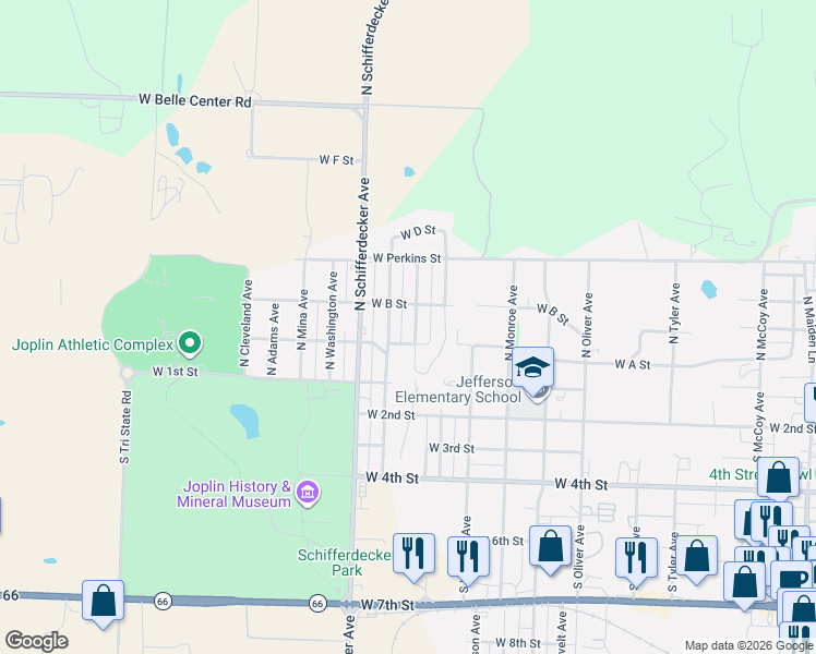 map of restaurants, bars, coffee shops, grocery stores, and more near 224 North Maple Avenue in Joplin