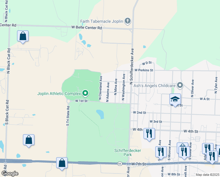 map of restaurants, bars, coffee shops, grocery stores, and more near 216 North Mina Avenue in Joplin