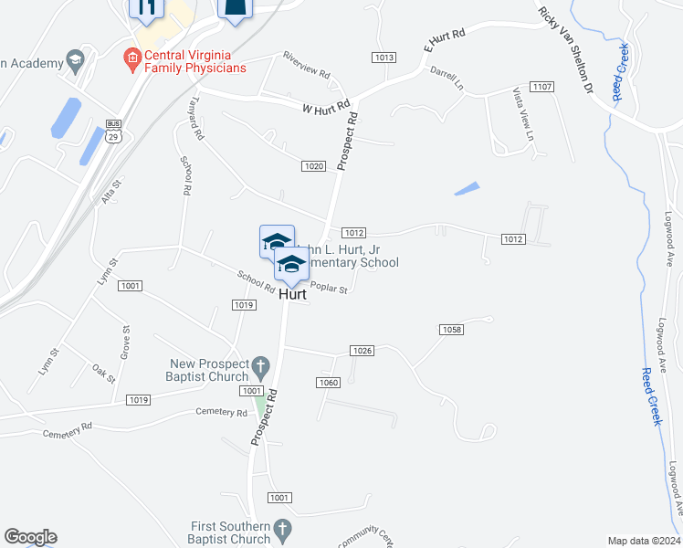 map of restaurants, bars, coffee shops, grocery stores, and more near 310 Prospect Road in Hurt