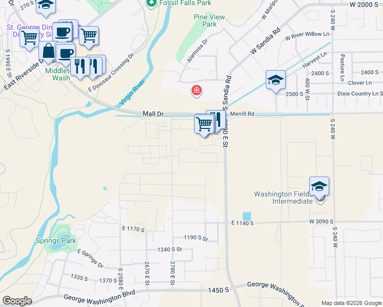 map of restaurants, bars, coffee shops, grocery stores, and more near 836 South Black Alder Drive in St. George