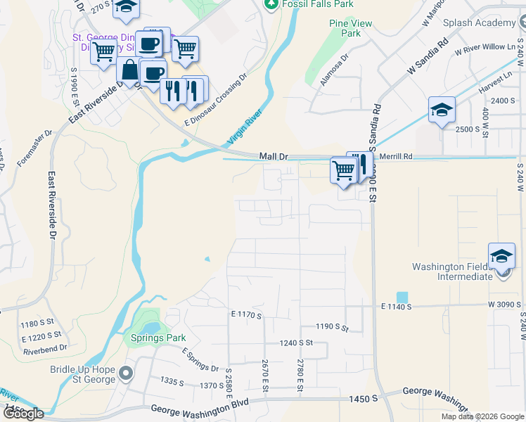 map of restaurants, bars, coffee shops, grocery stores, and more near South Mall Drive in St. George