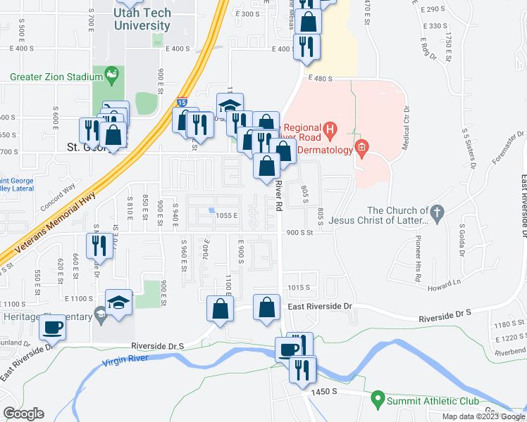 map of restaurants, bars, coffee shops, grocery stores, and more near 1203 East 900 South in St. George