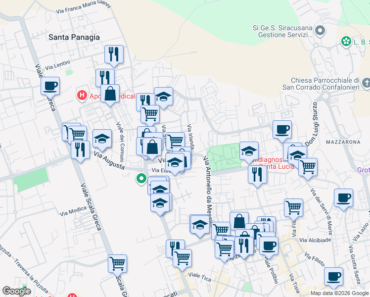 map of restaurants, bars, coffee shops, grocery stores, and more near 5 Via Irlanda in Syracuse