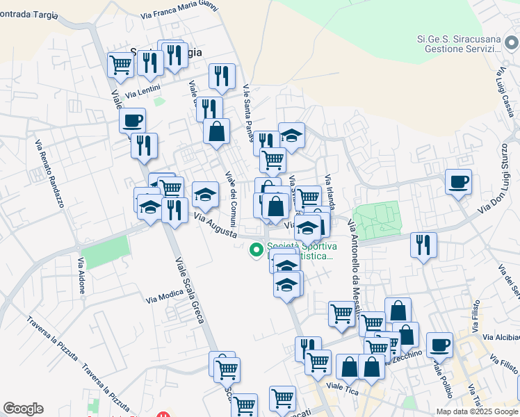 map of restaurants, bars, coffee shops, grocery stores, and more near Via Adrano in Siracusa
