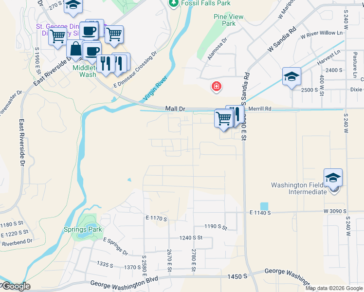 map of restaurants, bars, coffee shops, grocery stores, and more near 628 South 3000 East in St. George