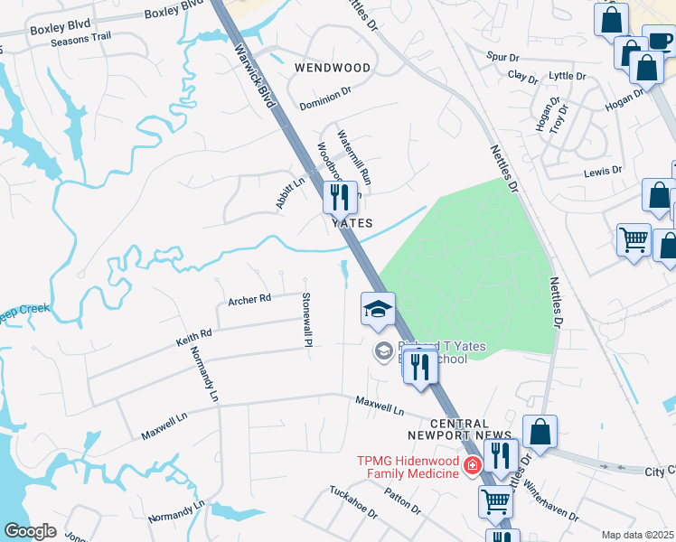 map of restaurants, bars, coffee shops, grocery stores, and more near 239 Lisa Drive in Newport News