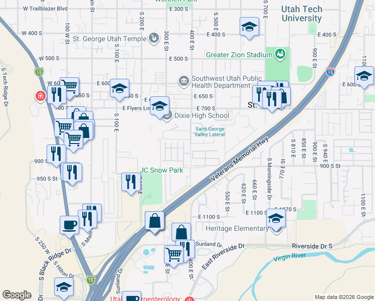 map of restaurants, bars, coffee shops, grocery stores, and more near 840 South 400 East in St. George
