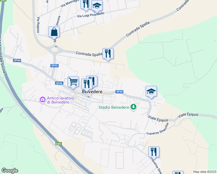 map of restaurants, bars, coffee shops, grocery stores, and more near Via Goffredo Mameli in Belvedere