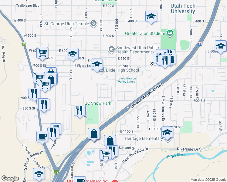 map of restaurants, bars, coffee shops, grocery stores, and more near 840 South 400 East in St. George